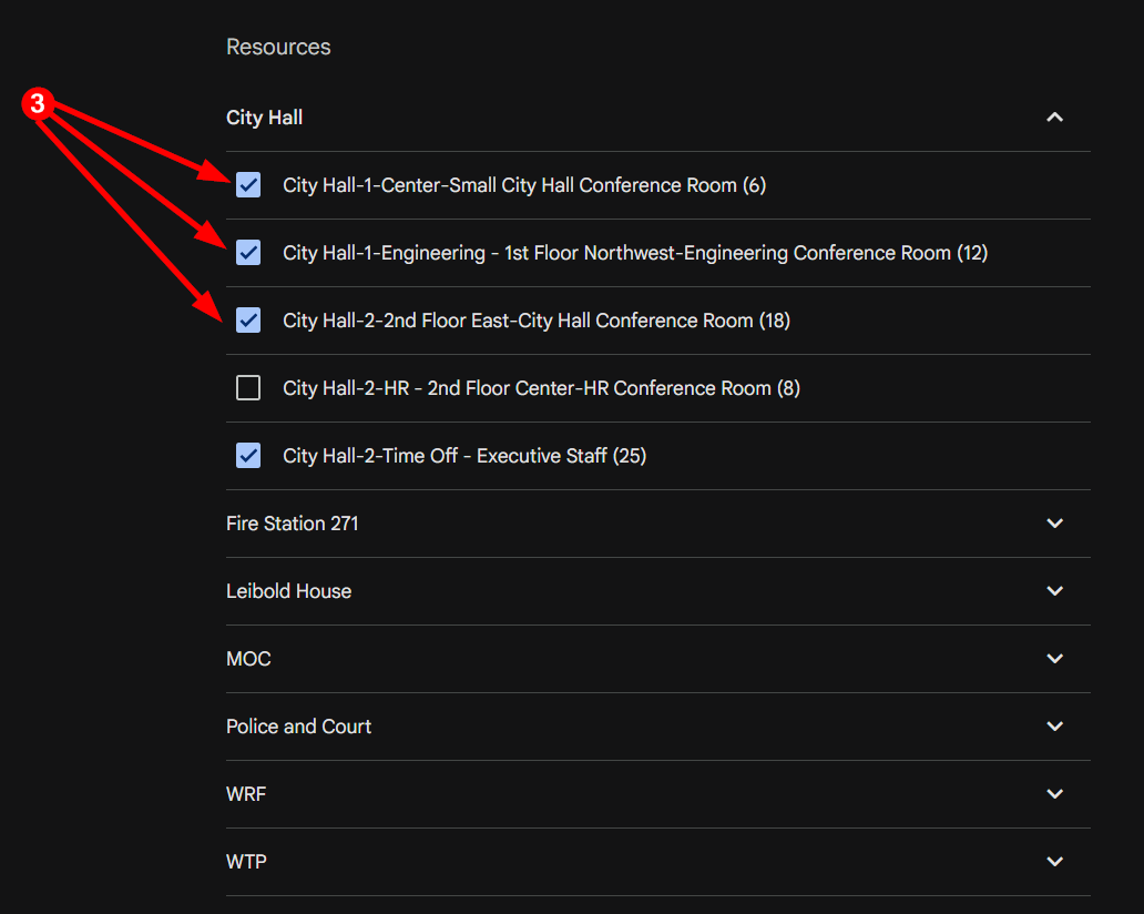 Select desired resource calendars